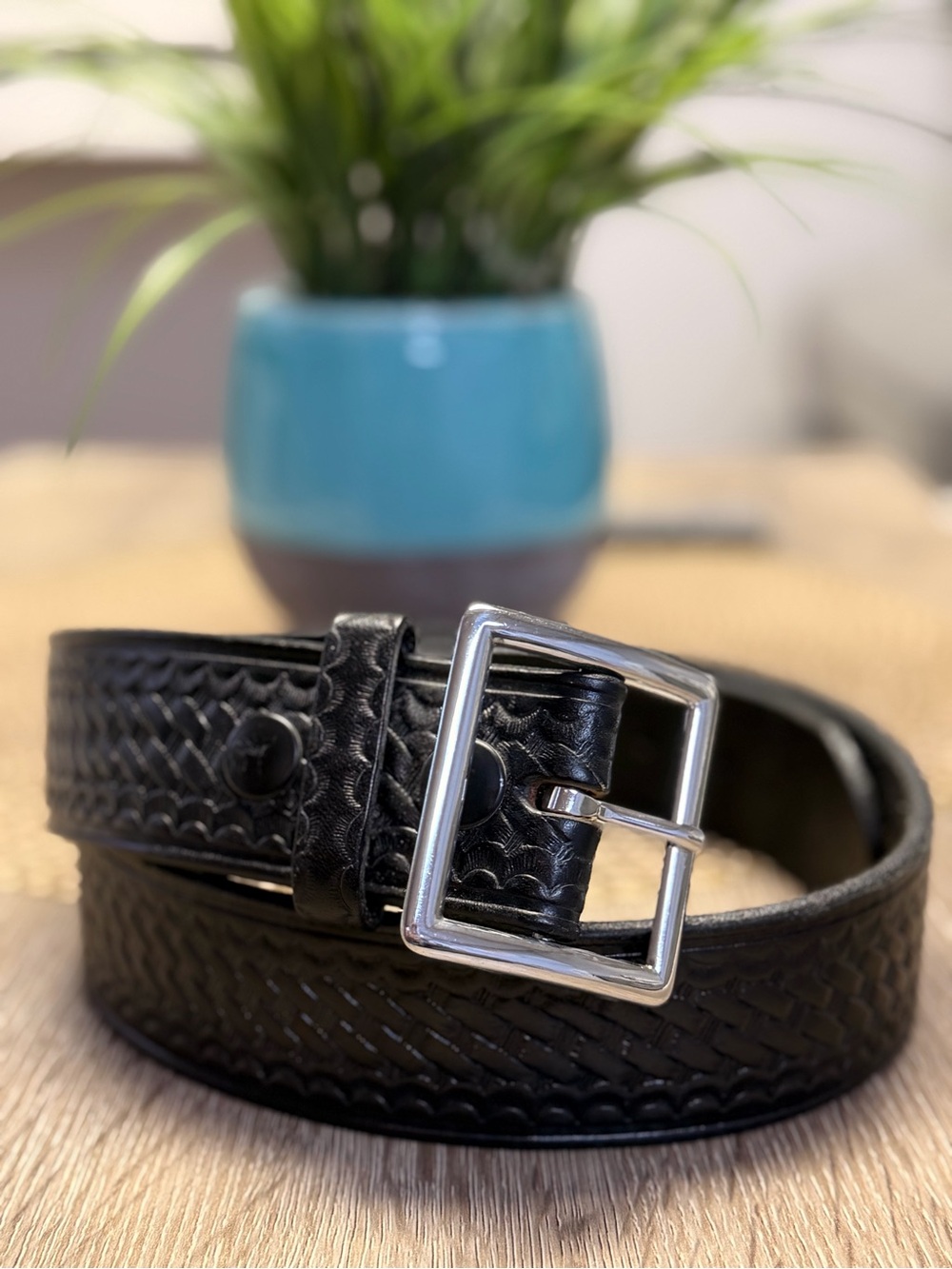 Boston Leather 6505 Basketweave Garrison Belt Size 34 Black Silver Buckle USA